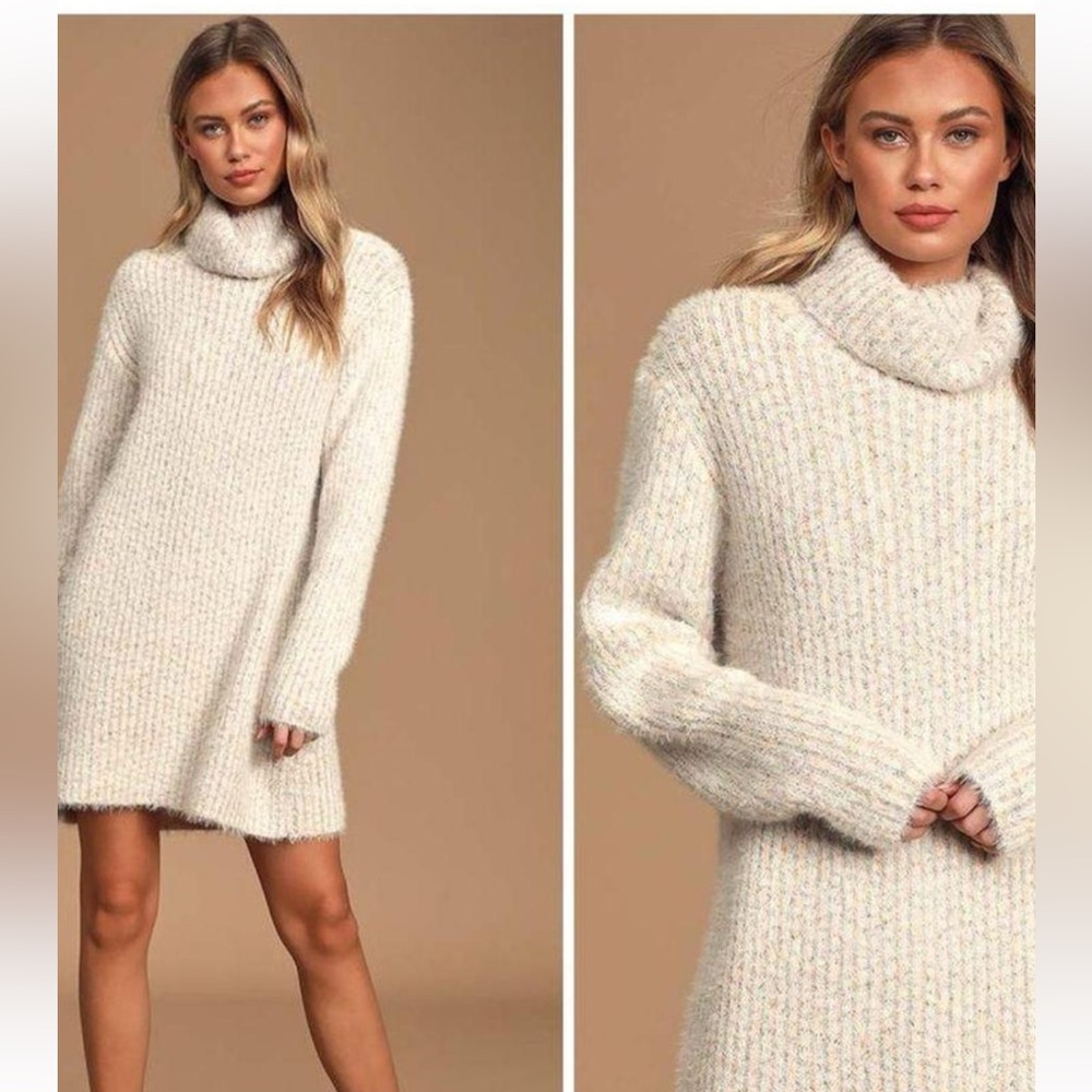 Lulu's Cream Multicolor Turtleneck Sweater Dress